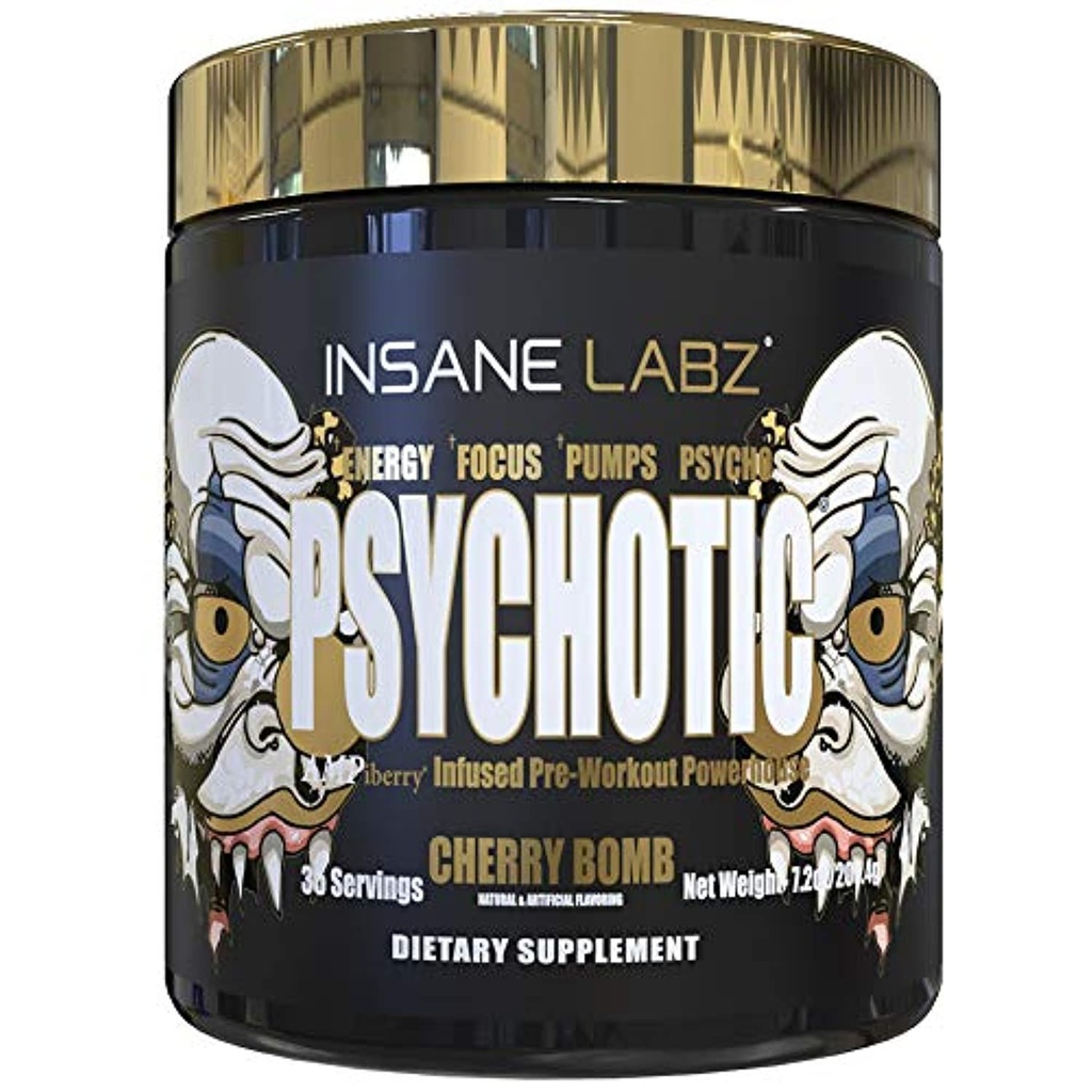 Insane Labz Psychotic Gold, High Stimulant Pre Workout Powder, Extreme Trading Energy Focus, Črpalke in vzdržljivost z Beta Alanine, DMAE Bitartrate, NO Booster (35 Serving, Cherry Bomb)