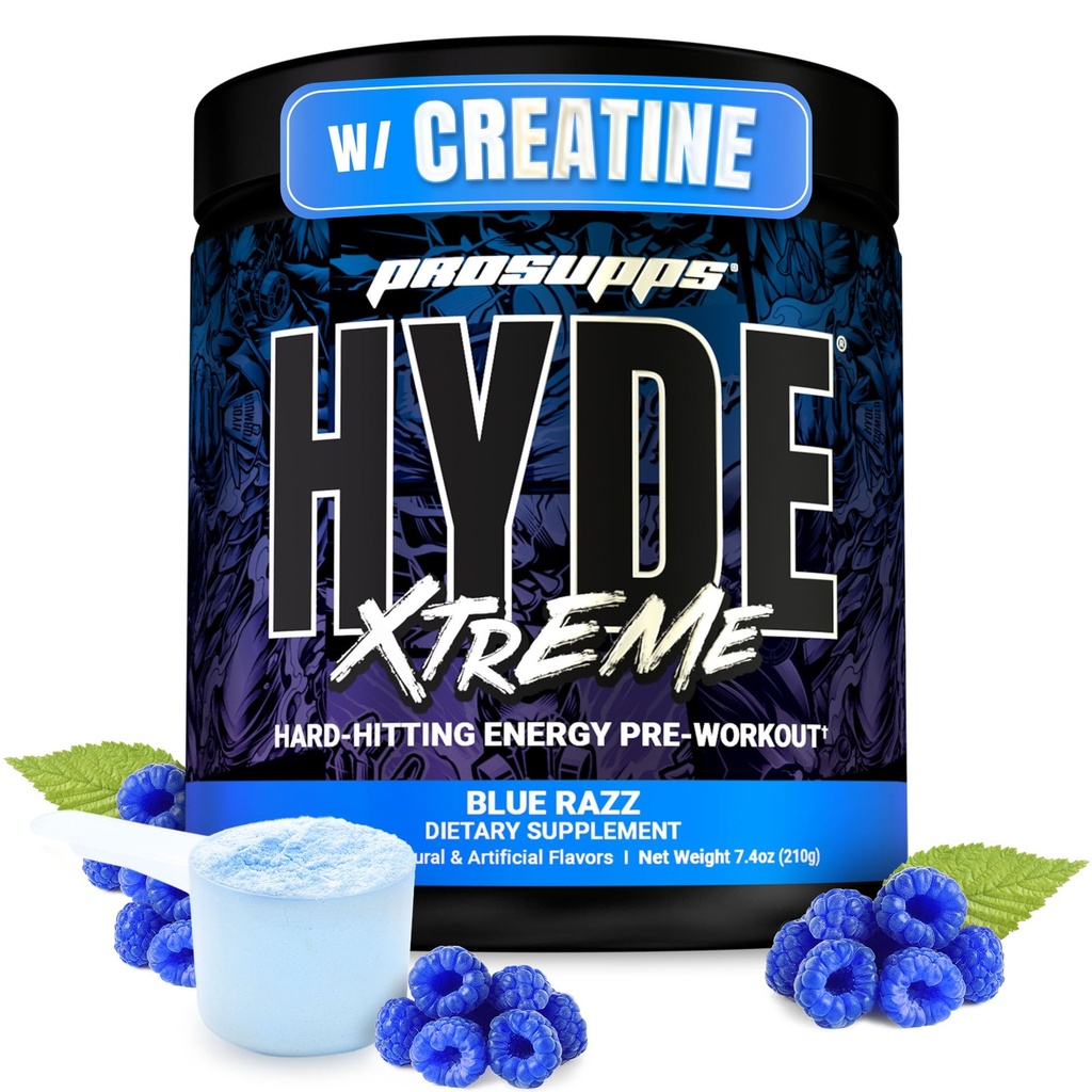 ProSupps Hyde Xtreme Pre Workout Powder s kreatinom, Beta Alanine & Caffeine – Extreme Energy, Črpalke, Fokus & Performance - Fitness & Gym Supplements za moške in ženske (Blue Razz, 30 Servings)