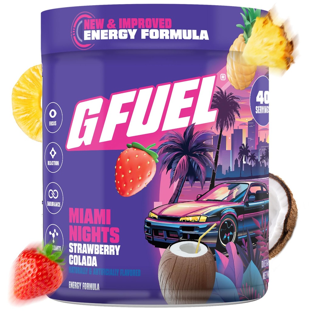 G Fuel Miami Nights 2.0 Energijski napitek v prahu, Pre Workout Caffeine Mix for Gaming, Sugar Free Focus Amino, Vitamin + antioksidanti, 8.7oz (Strawberry Pina Colada, 40 Serving)