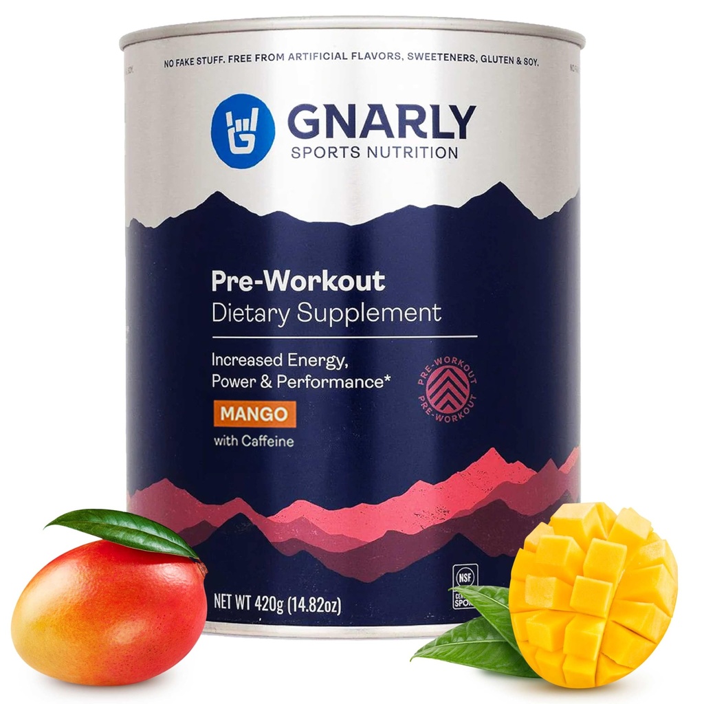 Gnarly Nutrition Natural Pre-Workout Powder, Mango – NSF Content Certified, Endurance & Recovery – Vegan Pre-Workout, Športna prehrana – Mango s kofeinom, 14.82 oz
