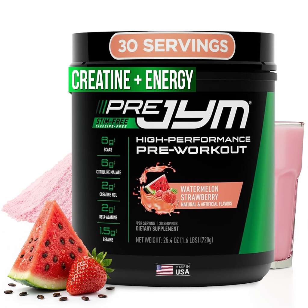 Pre JYM brez stima Watermelon Jagode Predworkout prašek, Kreatin, No Kofein, Citrulin, Betain, BCAA, Taurin, Alpha-GPC, Huperzin, 30 Servingov