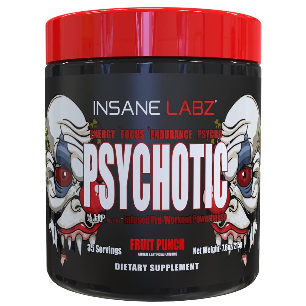 Insane Labz Psychotic, High Stimulant Pre Workout Powder, Extreme Trading Energy, Fokus in vzdržljivost z Beta Alanine, Creatin Monohidrat DMAE, 35 Srvgs (Fruit Punch)
