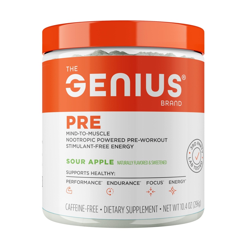 Genius Pre Workout Powder, Sour Apple - All-Fratic Nootropic Pre-Workout & Caffeine-free Nitric Oxide Booster Supplement with Beta Alanine & Alpha GPC - Brez umetnih arom, sladil ali barv