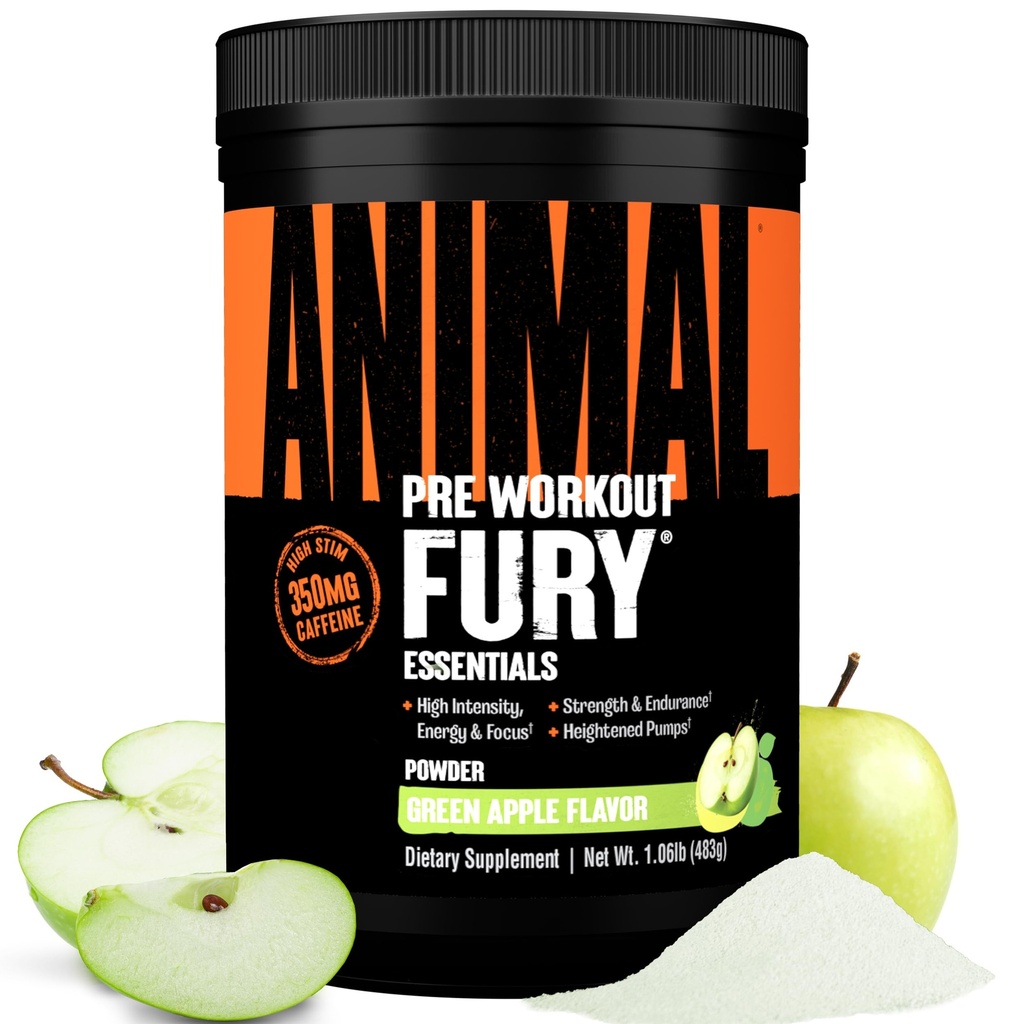 Animal Fury Pre Workout Powder - Green Apple, 350mg kofein, BCAA aminokisline, 2g beta alanin, citrulin in tirozin, energija, fokus, moč, vzdržljivost, Preworkout za moške in ženske, 30 Serving