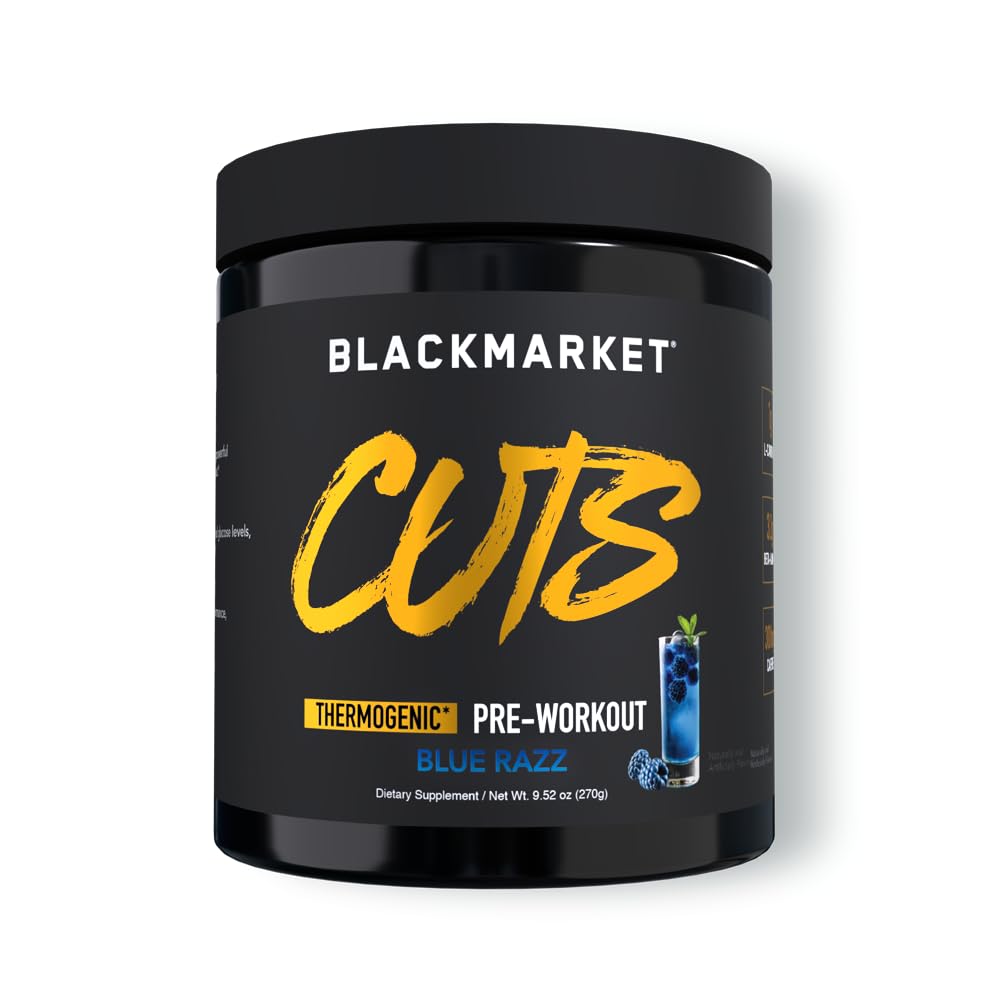 BLACKMARKET CUTS Pred treningom - mešanica alkoholnih pijač v prahu z aromo energije za moške in ženske, odlična za opredelitev mišic, termogena, brez kreatina, (modri razz, 30 strežnikov)