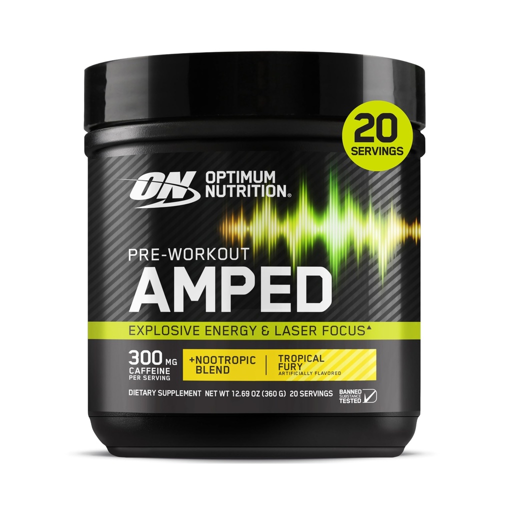 Optimum Nutrition Amped Pre-Workout, s citrulin, beta-alanin, nootropiki in 300 mg kofeina za energijo, Tropical Fury, 20 Serving (Packaging May Vary)