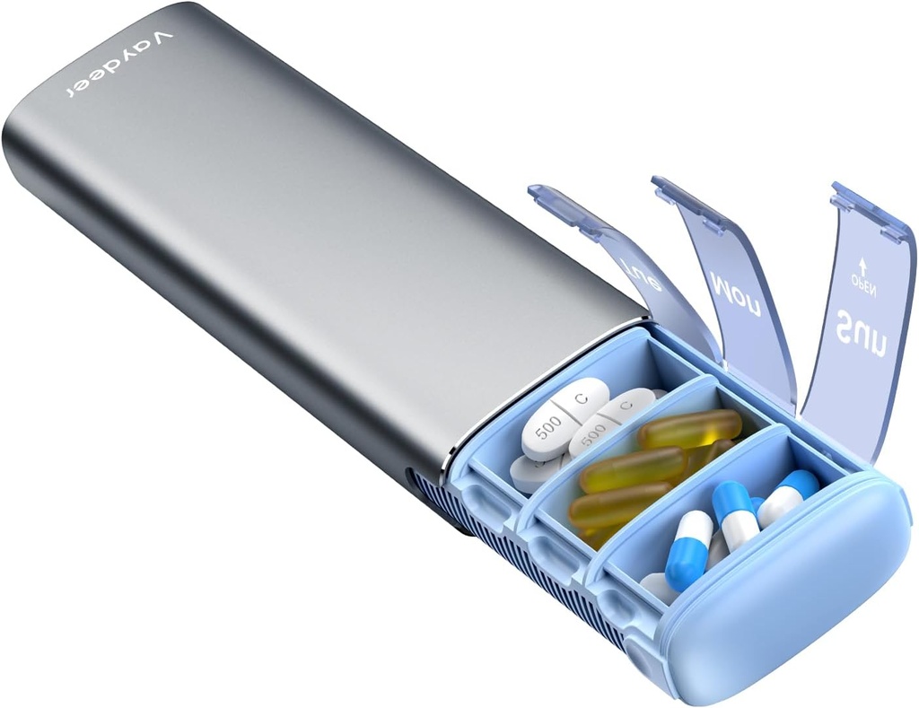 Vaydeer Metal Travel Organizer, 7 Day Weekly Pill Box, Velika zmogljivost dnevno srčkan tablete Primer za dodatke, tablete, vitamini in zdravila (majhna,Gunmetal)
