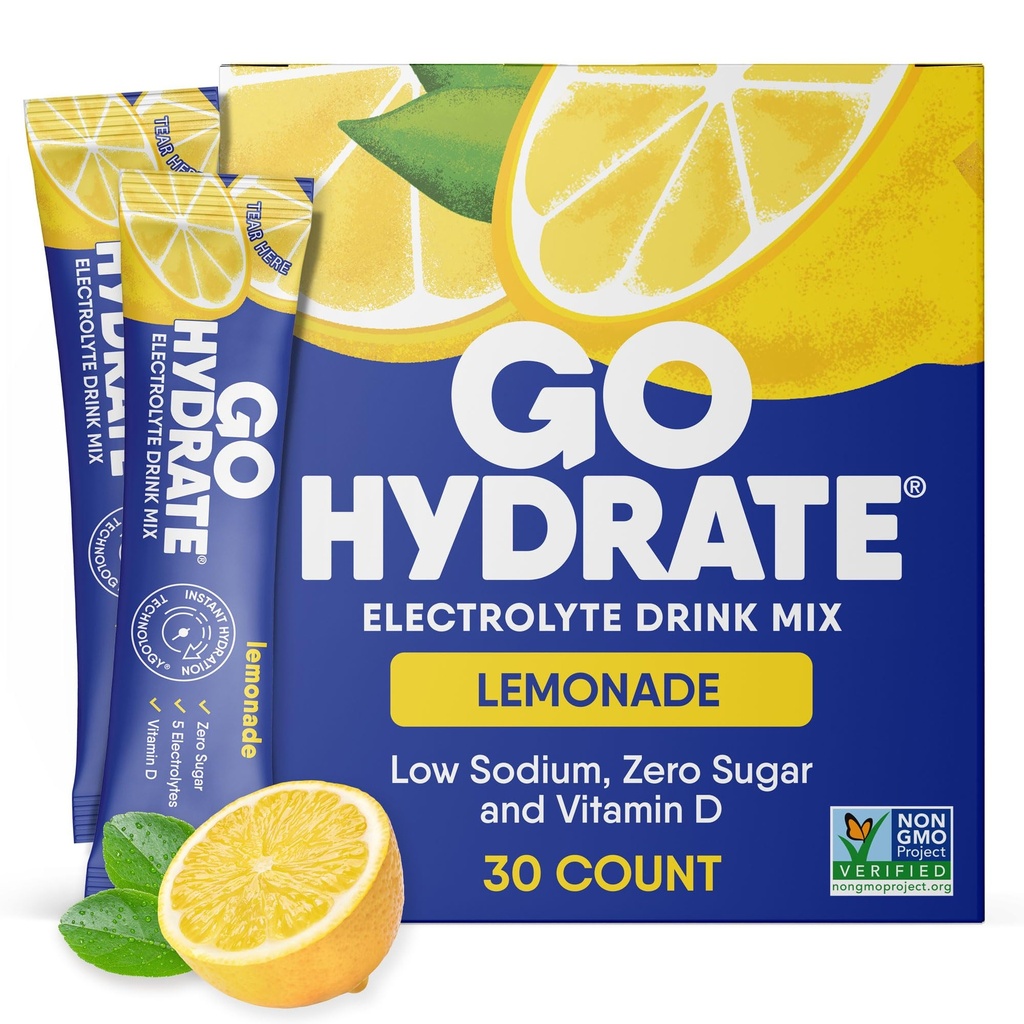 GoHydrate Nizki natrijevi elektroliti v prahu Pakiranja brez sladkorja - takojšnja hidracija Dnevna pijača Mix - nič sladkorja voda aroma Packet Samci z vitaminom D - (Lemonade, 30 pakiranj)
