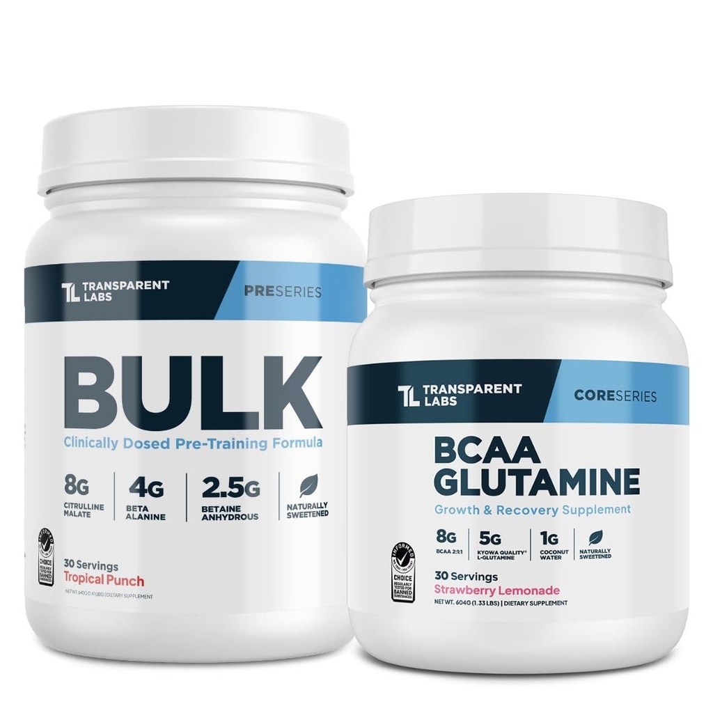 Prozorni laboratoriji pred treningom (30 strežnikov, tropski punch) & BCAA Glutamin (30 strežnikov, jagodna limonada)