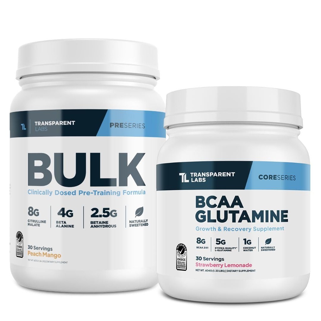 Prozorni laboratoriji pred treningom (30 strežnikov, Peach Mango) & BCAA Glutamin (30 strežnikov, jagodna limonada)