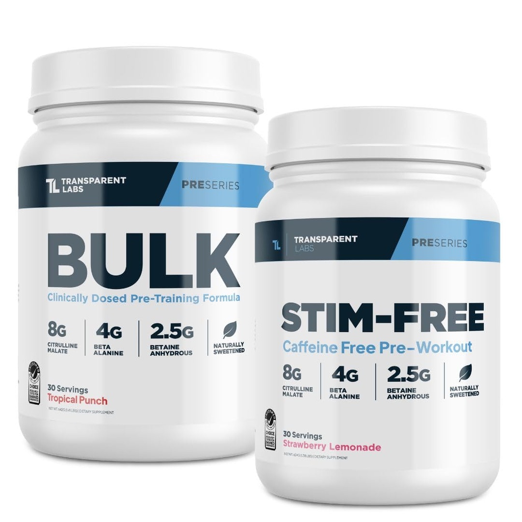 Prozorni laboratoriji Bulk Pre-World Powder (30 strežnikov, Tropical Punch) in Stim-free Pre-World Powder (30 strežnikov, Jagodna limonada)