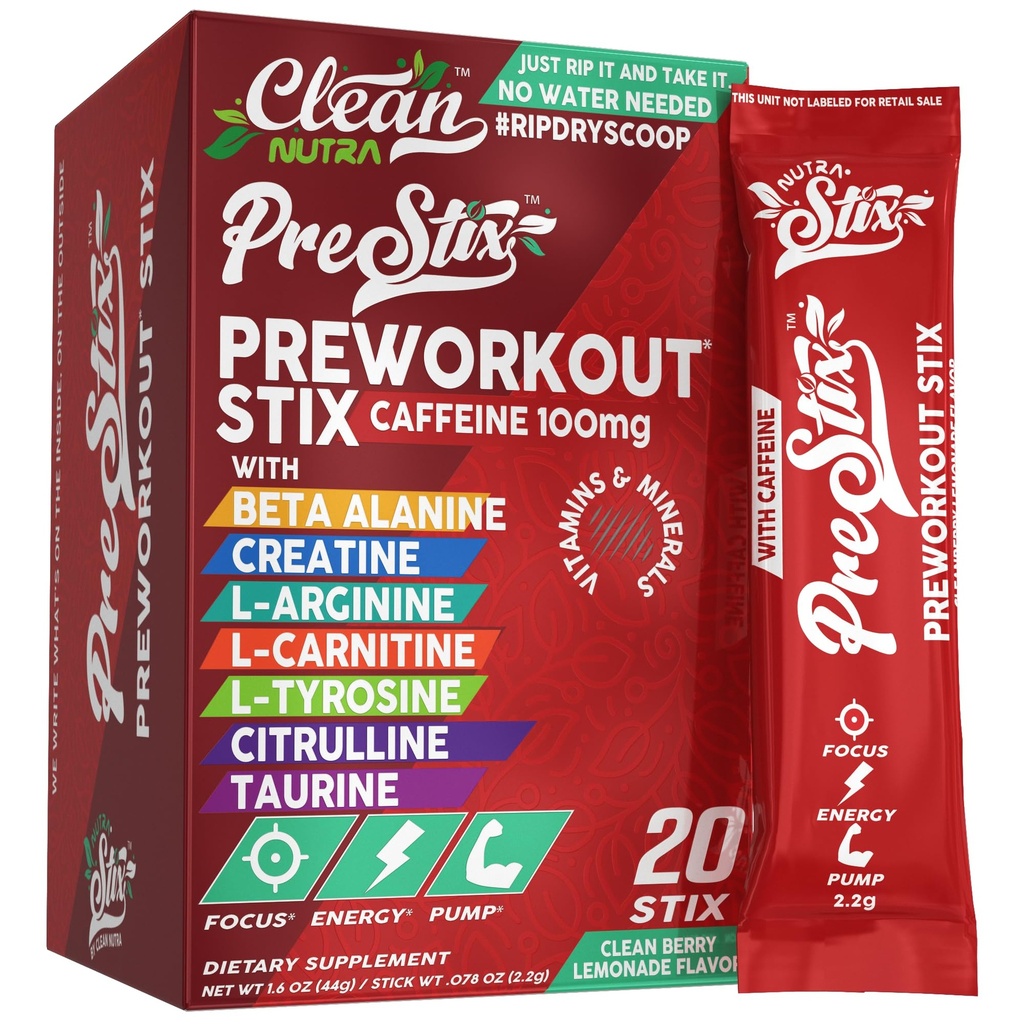 Čista nutraceutika Pred vadbo Powder Energy Packs - Kofein 100mg, Energy Drink Mix, Kreatin Monohidrat, Beta Alanin, L-citrulin, L-tirozin, L-karnitin, Elektrolit Hydration Packets 20 Ct