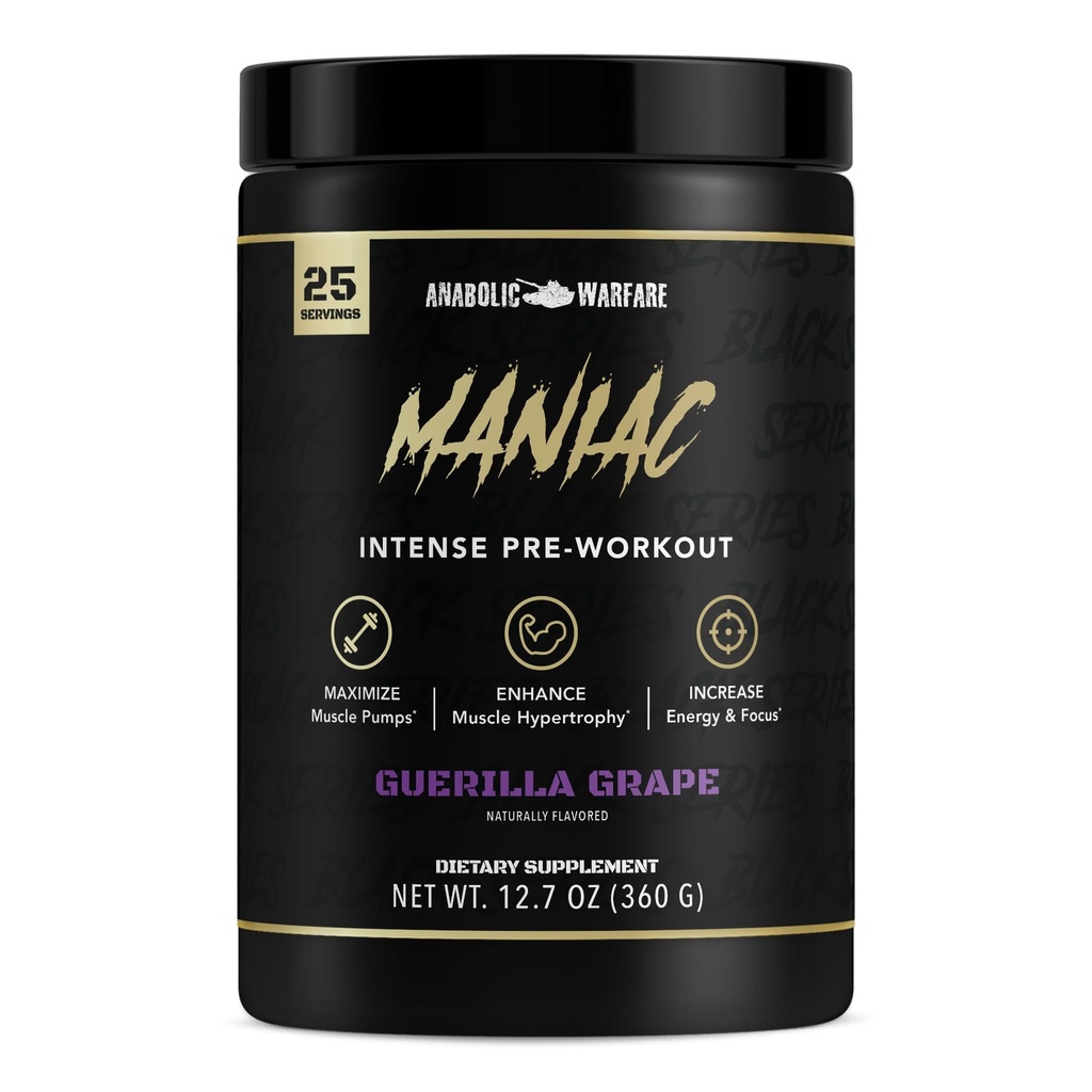 Anabolična vojna črna serija manijak, predworkout prašek, podpira dušikov oksid, mišične črpalke in proteinski sinteza * grozdje gverile
