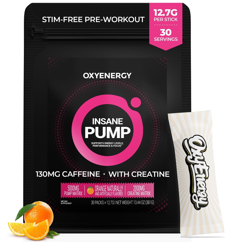 OxyEnergy Pre Workout Powder -Orange, Non Stim 130mg Low Caffeine, On-The-Go Packets z Beta Alanine, Kreatin Monohidrat in Tavrin za občutljive uporabnike, ženske, večerni treningi - 30 Serving