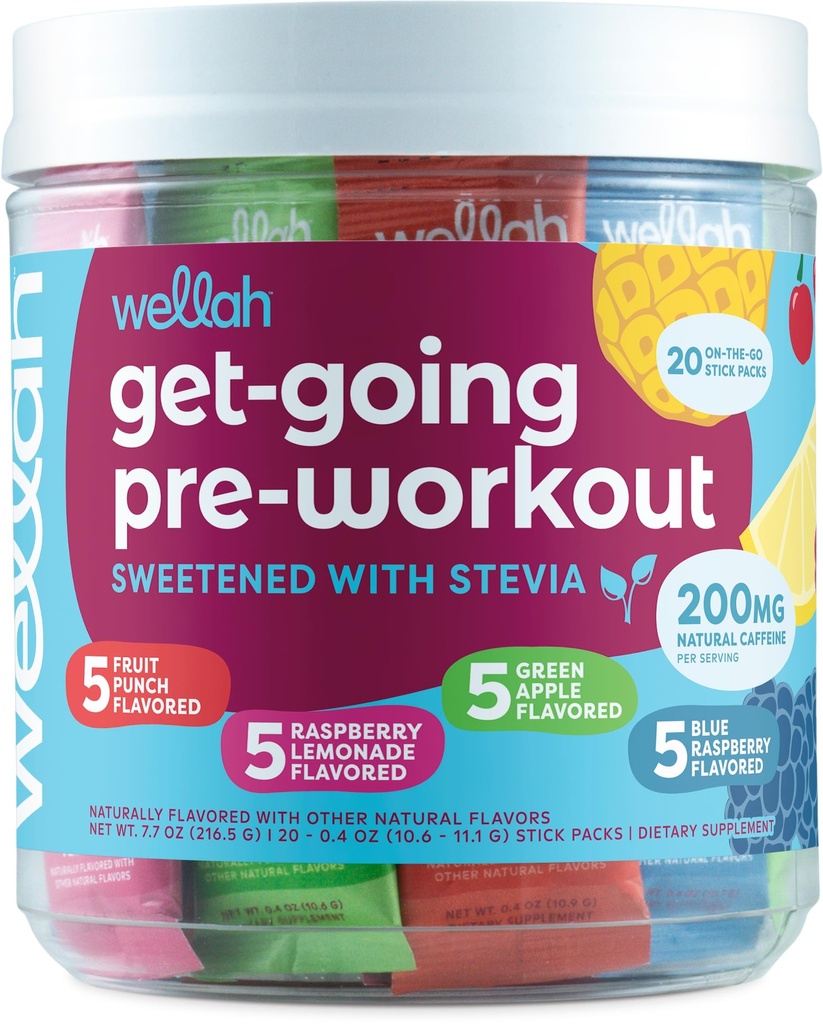 Wellah Get-Going Pre-Worllin Variety Pack (20 Packs) - 200mg naravna kofein, Stevia-Sweeted, s citrulin malate in L-Theanine, in 1000mg beta-alanina