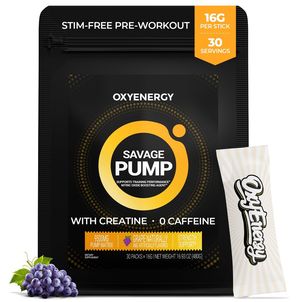 OxyEnergy Oxide Booster, Max Pump Non Stim Pre Workout Powder za moške, z Beta Alanine, L Citrulin, Kreatin za cirkulacijo, mišične črpalke, vzdržljivost, Grozdje, On-The-Go Packet- 30 Serving