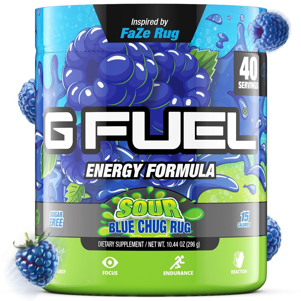 G Gorivo Chug Rug Energy Drink Powder, Pre Workout Caffeine Mix for Gaming, Sugar Free Focus Amino, Vitamin + Antioksidanti, 10.44oz (Naša modra malina, 40 Serving)
