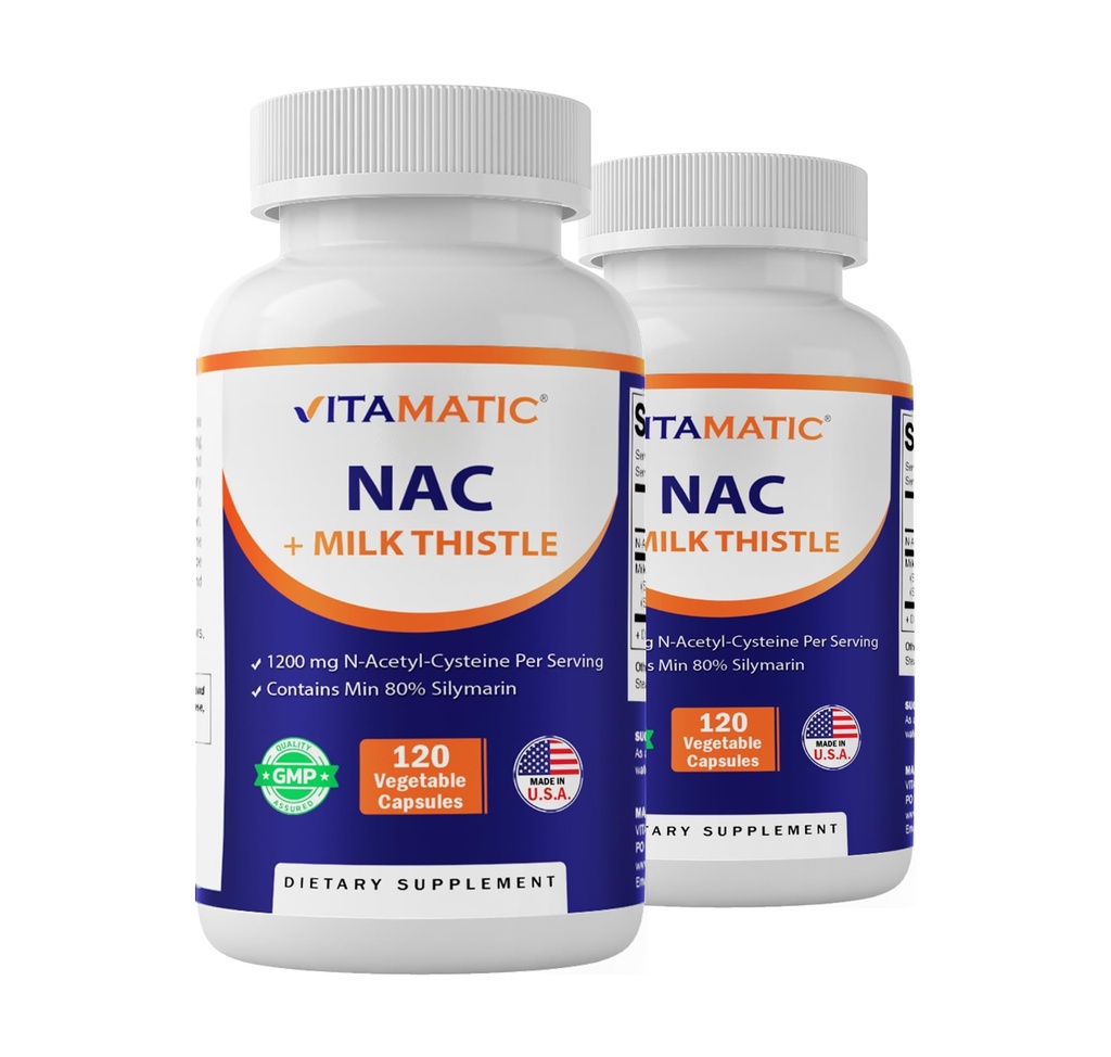Vitamatski NAC dodatek N-acetil-L-Cystein (NAC) z mlečnim osatom 50:1 Ekstrakt - podpira imuno, dihala, zdravje jeter, 1200 mg na serviranje, 120 Veg kapsul - 2 pakiranji