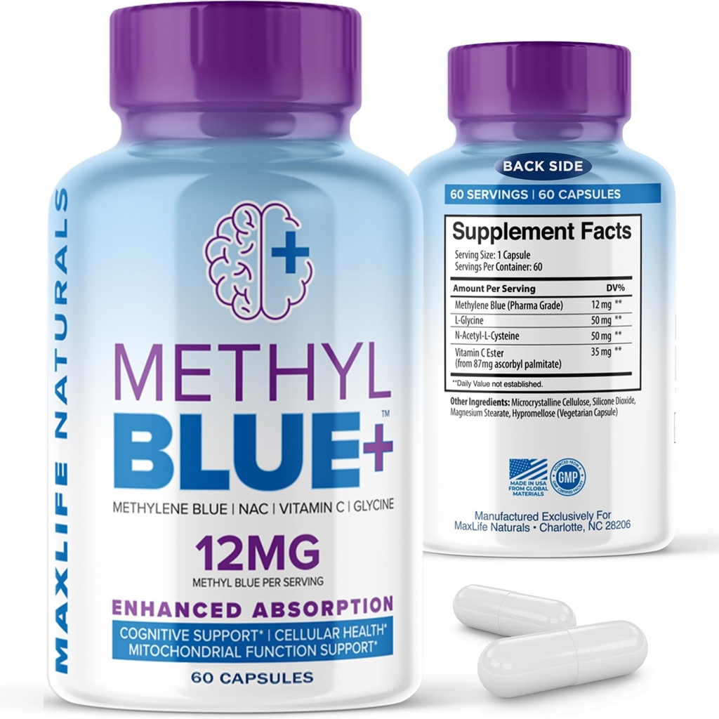 MAXLIFE NATURALS Pure Metilen Blue kapsule, Ultimate Metilen Blue farmacevtska stopnja 12mg - 60 Kapsule z vitaminom C Ester & NAC Glycine, podpira celično in kognitivno funkcijo, Made in USA