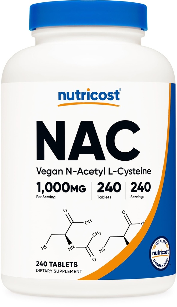 Nutricost N-acetil L-Cysteine (NAC) 1000 mg, 240 Veganske tablete - brez GSO, brez glutena, vegetarijanski dodatek