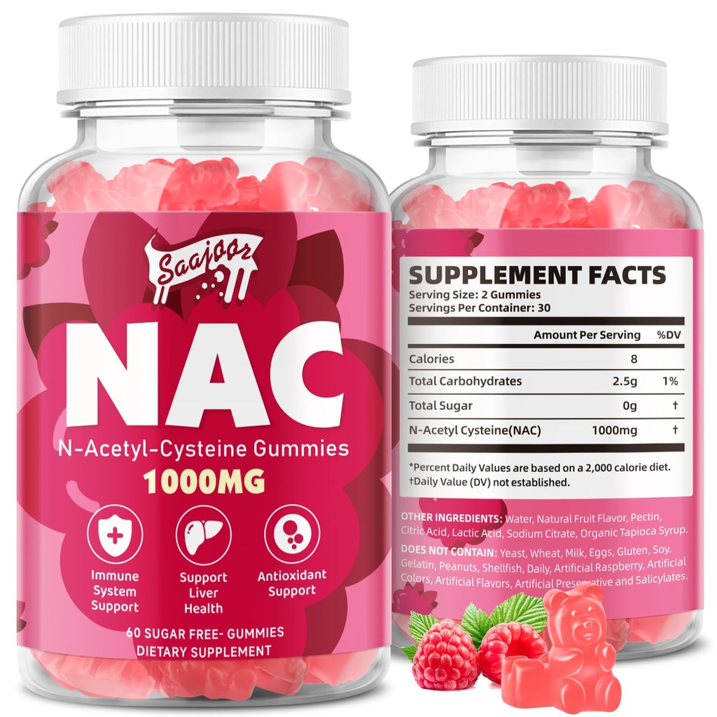 NAC Gumies Sugar-free, N-Acetil Cysteine NAC dodatek 1000mg za antioksidanti, Imunska podpora, Non-GMO, Gluten-free, Vegan – Raspberry Flavor, 60 Gumies
