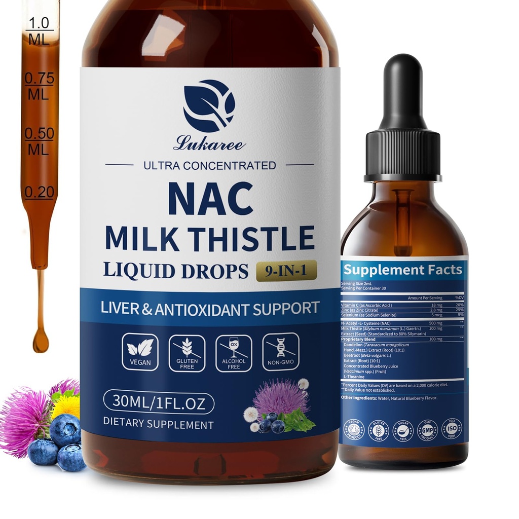 Lukaree Liposomal NAC Supplement N-acetil-L-Cystein 600mg z mlekom Thistle - NAC Aminokislinske kapljice w/Selenium za podporo jeter in ledvic*, pljuča, antioksidanti in imunske podpore*- Vegan, Non-GMO- 2oz