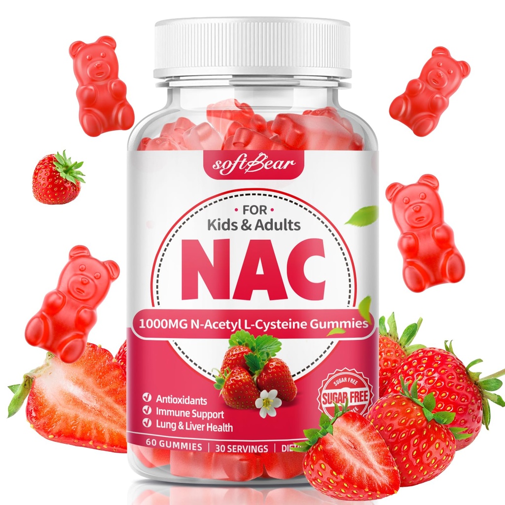 softbear NAC Gumies za otroke in odrasle, NAC dodatek 1000mg N Acetil Cysteine podpira zdravje pljuč in jeter, antioksidanti in imunski sistem, jagode aroma 60