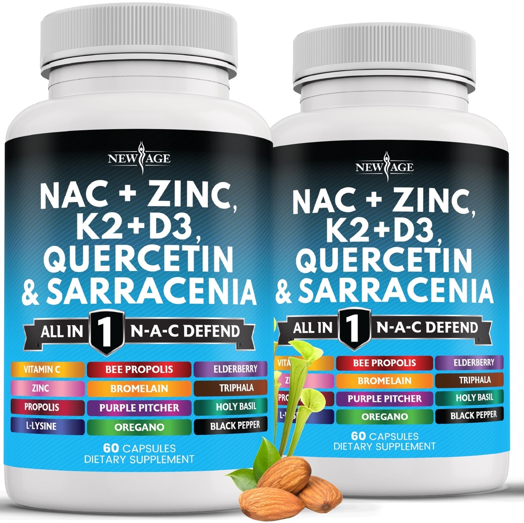 NOVA AGE NAC dodatek N-Acetil Cistein- z vitaminom D3, K2, cink, Quercetin, Triphala, Sarracenia Purpurea, Elderberry, Sveti Bazilij, Bee Propolis, Bromelain, L-Lysine - 120 grof