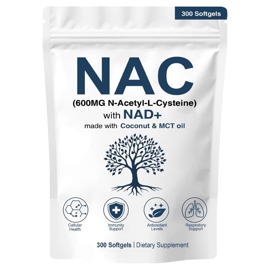 NAC 600mg Ne-GMO, brez glutena,Organska NAC dodatek N-Acetil Cistein kapsule z NAD+ za celično zdravje in pljuč, 300 Softgels