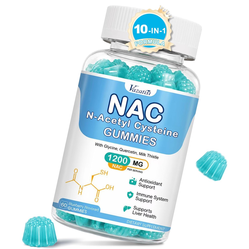 NAC Gumies, NAC dodatek z mlekom osat, Selen, B6, B12 - Antioksidant, Imunska podpora - N Acetil Cystein 600 mg na Gummy - borovničev okus, 60 Cts