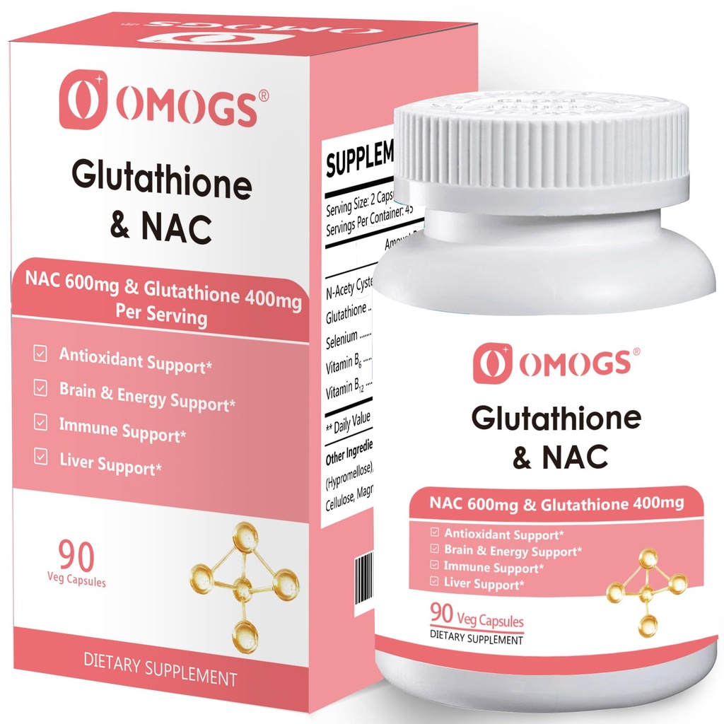 OMOGS Glutation & NAC dodatek, z vtamin B & Selen, podpira zdravje jeter, celično, antioksidant, proizvodnjo energije in imuno, Vegan & Gluten-free, 90 Veg kapsule.
