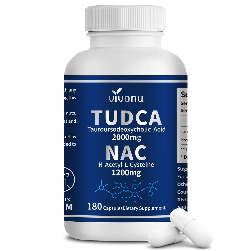 VivoNu TUDCA 2000mg + NAC 1200mg Dodatne kompleksne kapsule, Močna TUDCA Bilna sol + N Acetil Cistein, Antioksidant dopolnila za čiščenje jeter & Lung& Gallbladder, Prebava - 180 kapsul