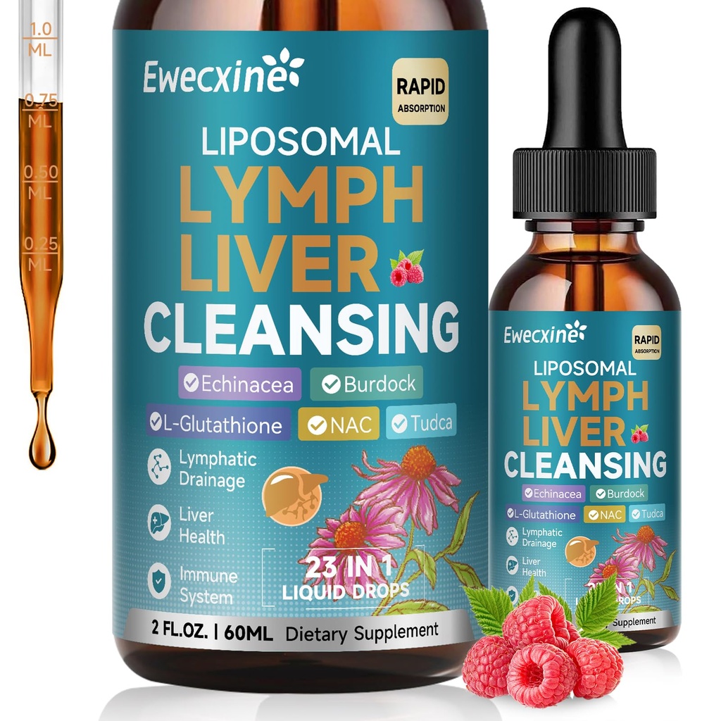 Liposomske limfatične kapljice za čiščenje in jeter, 23-v-1 z Echinacea, NAC, TUDCA, L-glutation, Burdock za limfo, razstrupljanje in popravila jeter, Imunska podpora, Raspberry Flavor, 2 fl oz dodatek