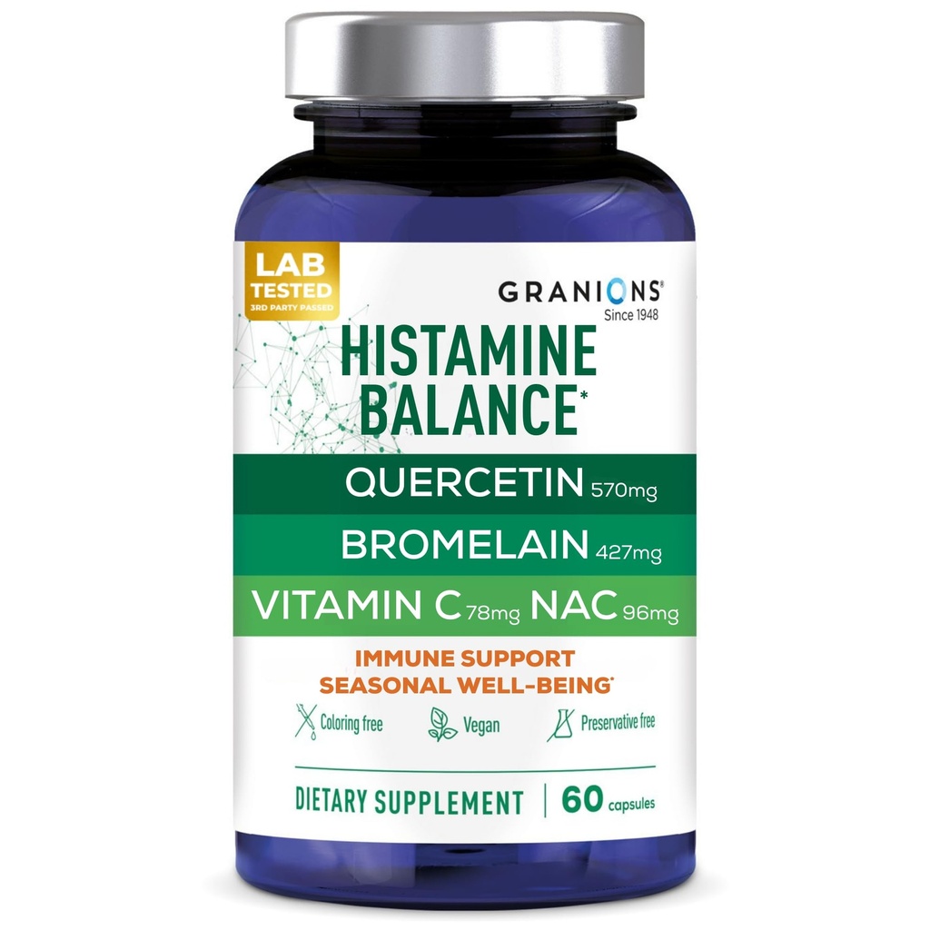 Granions Histamine Balance Complex - Quercetin z bromelainom, NAC in vitaminom C - D-Hist Sezonski histamin blokator in imunski dodatek za odrasle in otroke - 60 veganskih kapsul
