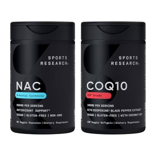 Sports Research® Antioksidant Support Pack - N-acetil L-Cysteine (NAC) 600mg, CoQ10 100mg Izboljšano w/kokosovo olje in bioperin - Vegan · Non-GMO · Gluten Free