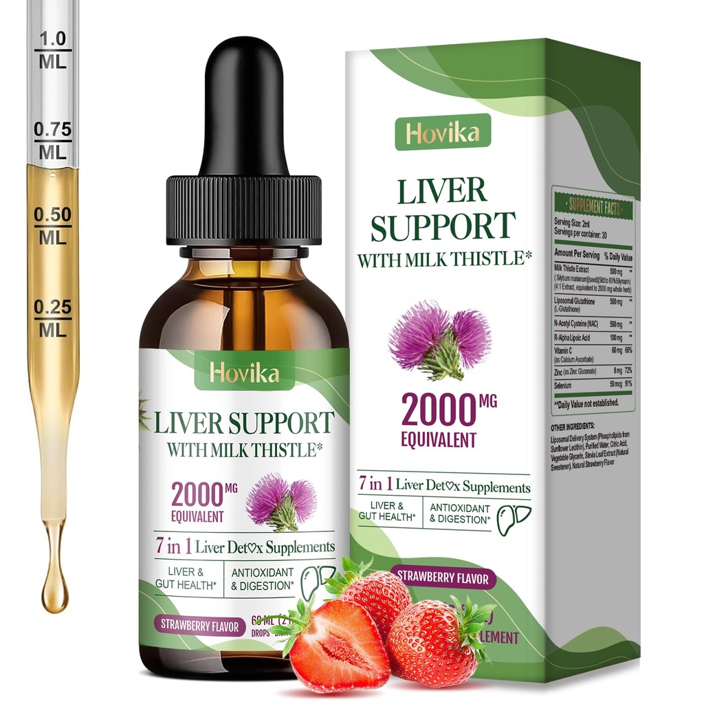 Jetrna čistila Detox in popravila Jetrna podpora Mleko Thistle kapljice z glutation, NAC, ALA, Vitamin C, Cink & Selen za čiščenje in obrambo jeter, Imune & Kožna podpora - Jagodna aroma, 2 Fl Oz
