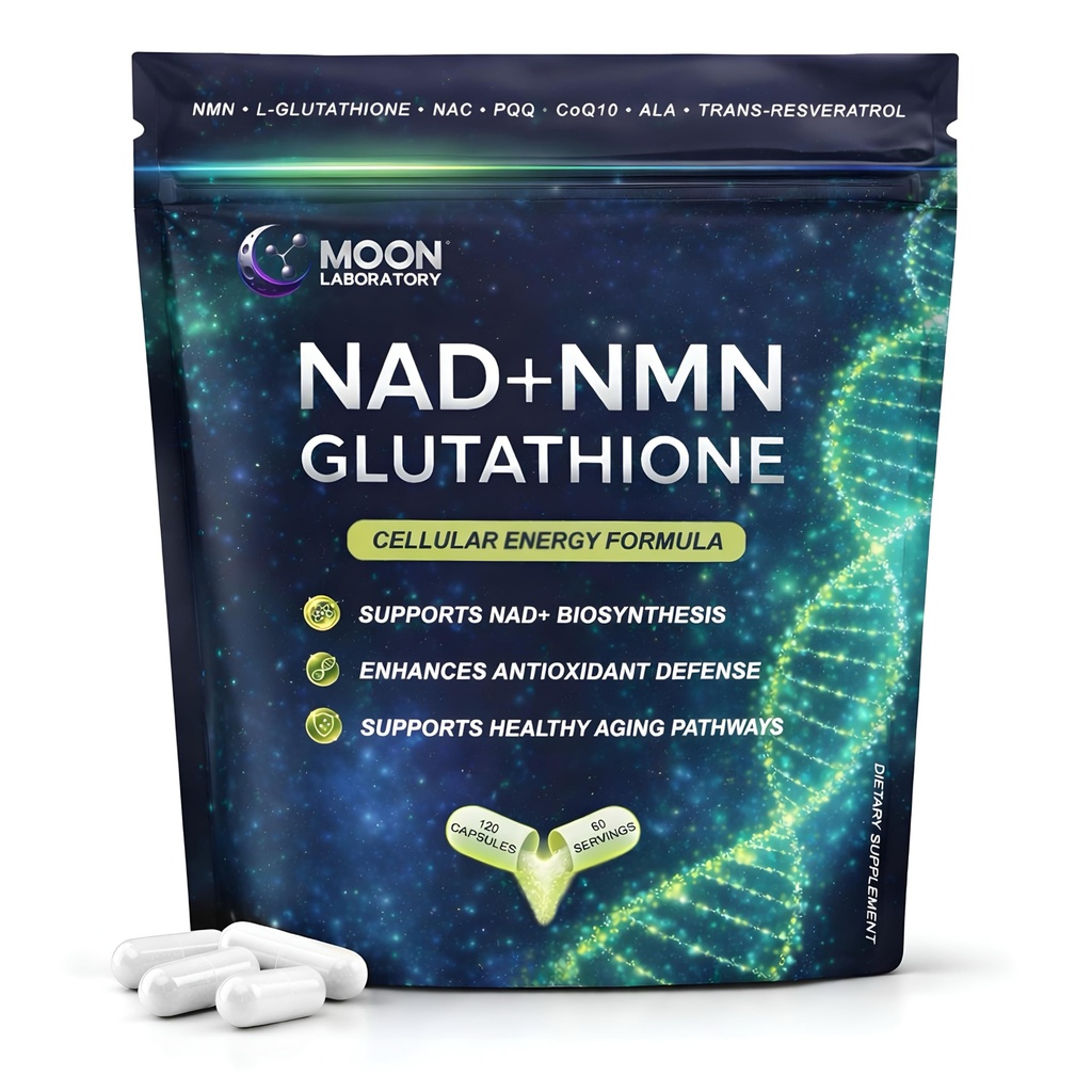 NMN + L-glutatione dodatek – NAD+ podpora, mitohondrijska energija in antioksidant obramba z CoQ10, NAC, PQQ & Alfa lipojska kislina – 120 kapsul. Znova napolni paket