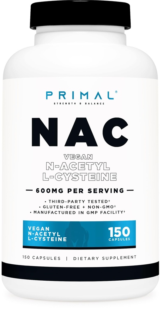 Primal N-acetil L-Cysteine (NAC) 600 mg, 150 kapsul - vegan N-acetil L-Cysteine dodatek, brez GSO, brez glutena