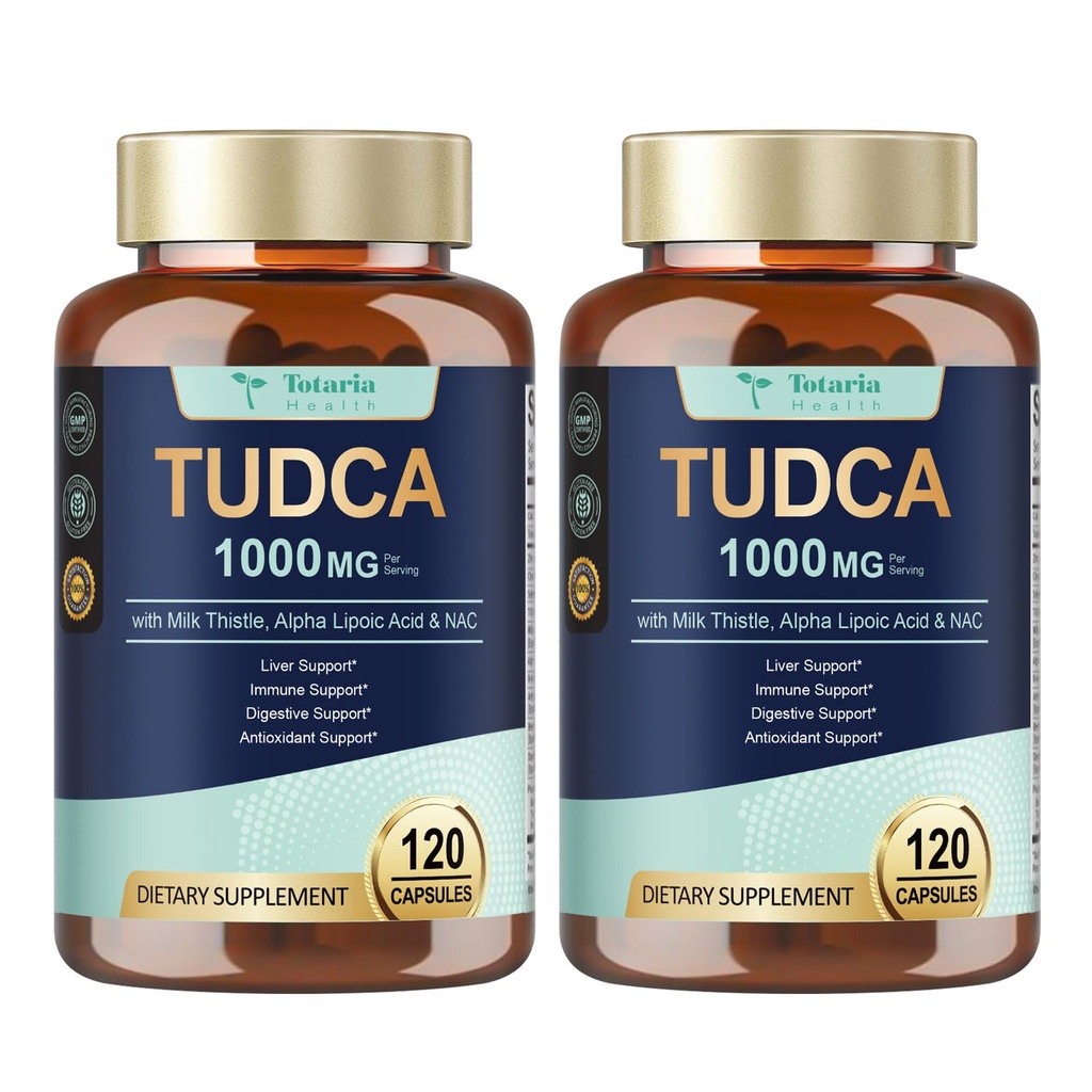 Totaria 2 Packs TUDCA 1000mg Podporni dodatek za jetra z mlečnim osatlom, NAC, ALA, 80% Silymarin, 15-in-1 ekstra moč žolčne soli