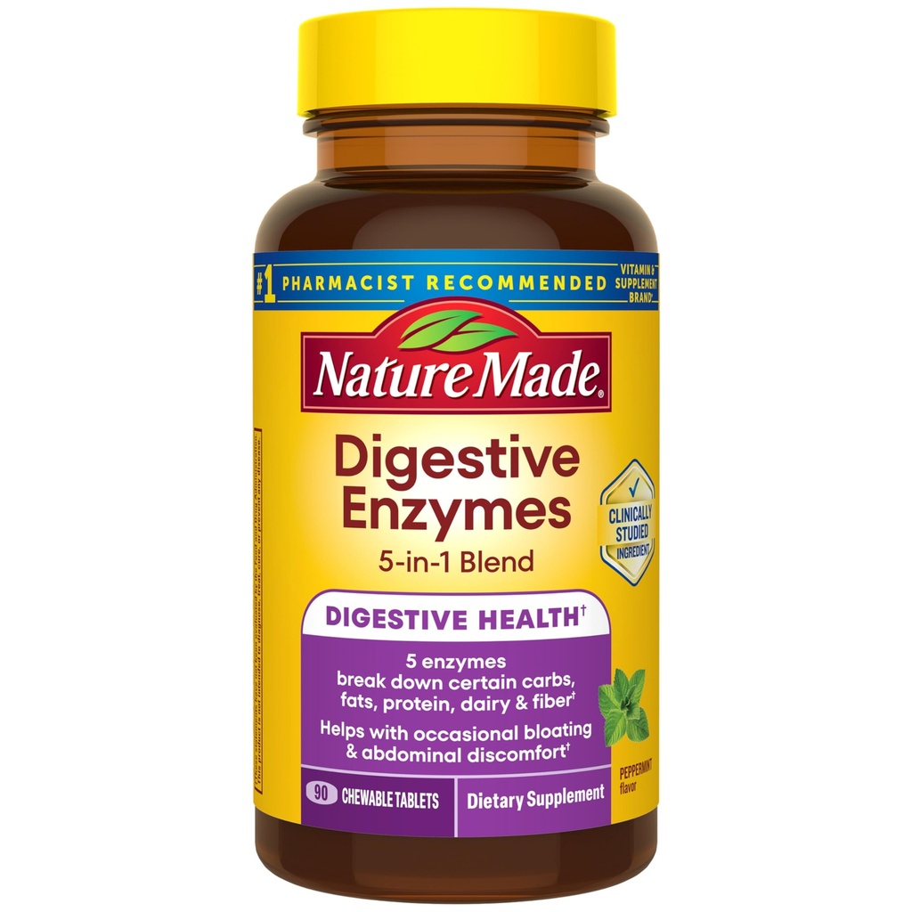 Nature Made Digestive Enzymes 5- v-1 Mešanica, Digestive Health Support, 90 Žvečljive tablete, 30 dnevna dobava