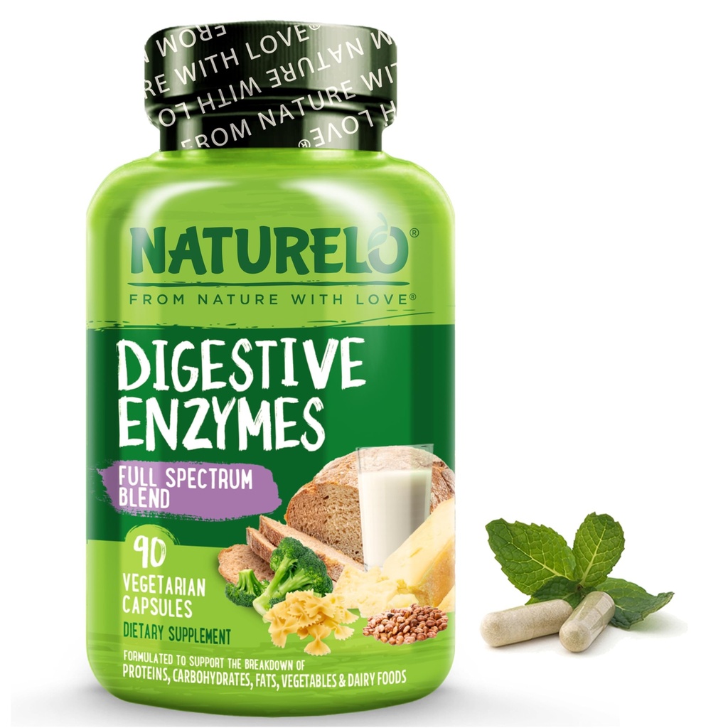 NATURELO Prebavne encime - Podpora za celoten spekter s široko mešanico 15 Encimi Plus Ginger - 90 Veganskih kapsul
