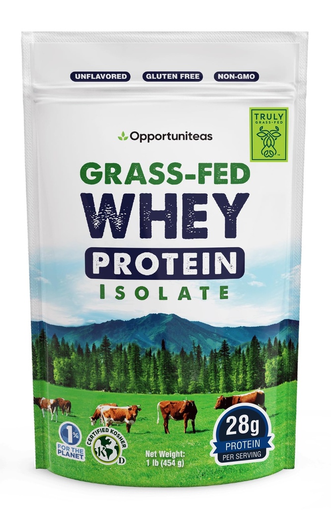 Opportuniteas Grass Fed Whey izolat Protein Powder – nearomaden, težko metal tested, 28g beljakovine, Izvira iz Irske, Hormone-free, Non-GMO, Packed v ZDA – 1lb