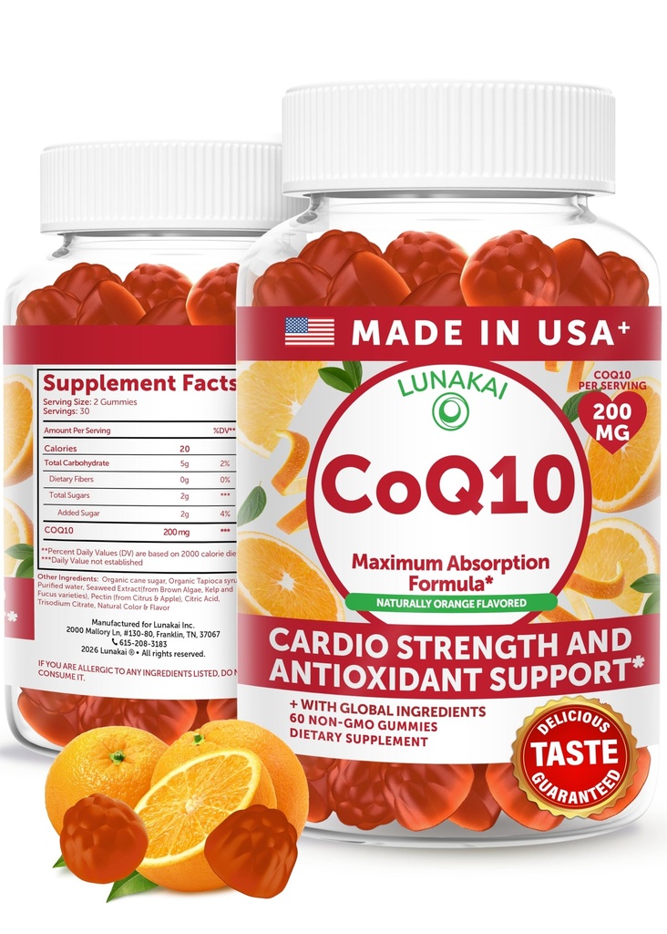 Lunakai USA Made CoQ10 Gummies za odrasle – 200mg visoko močan koencim Q10 dodatek za dnevno srce, energijo in antioksidant podporo za ženske in moške, Non-GMO, 60ct