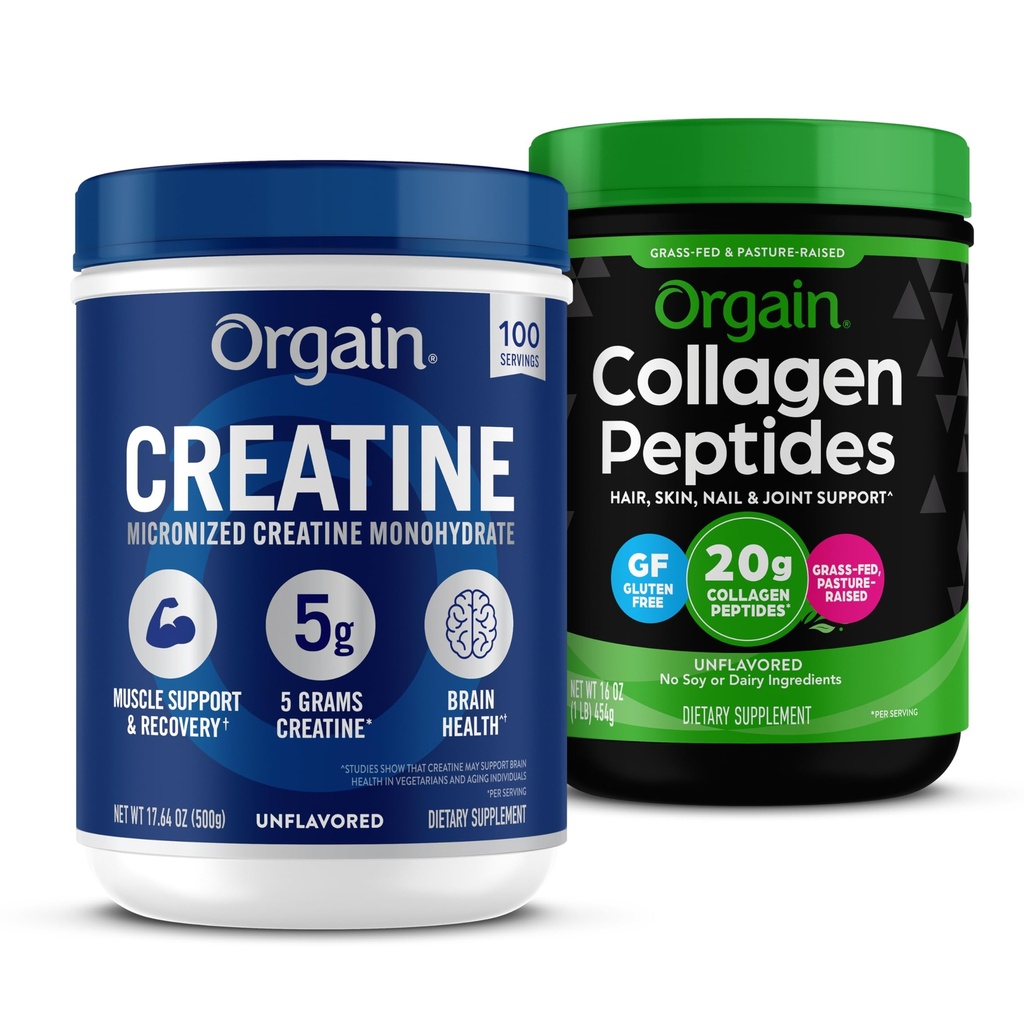Orgatin Kreatin monohidrat v prahu 17.64 Oz (100 strežnikov) & kolagen peptides v prahu 1lb (20g travna krma)