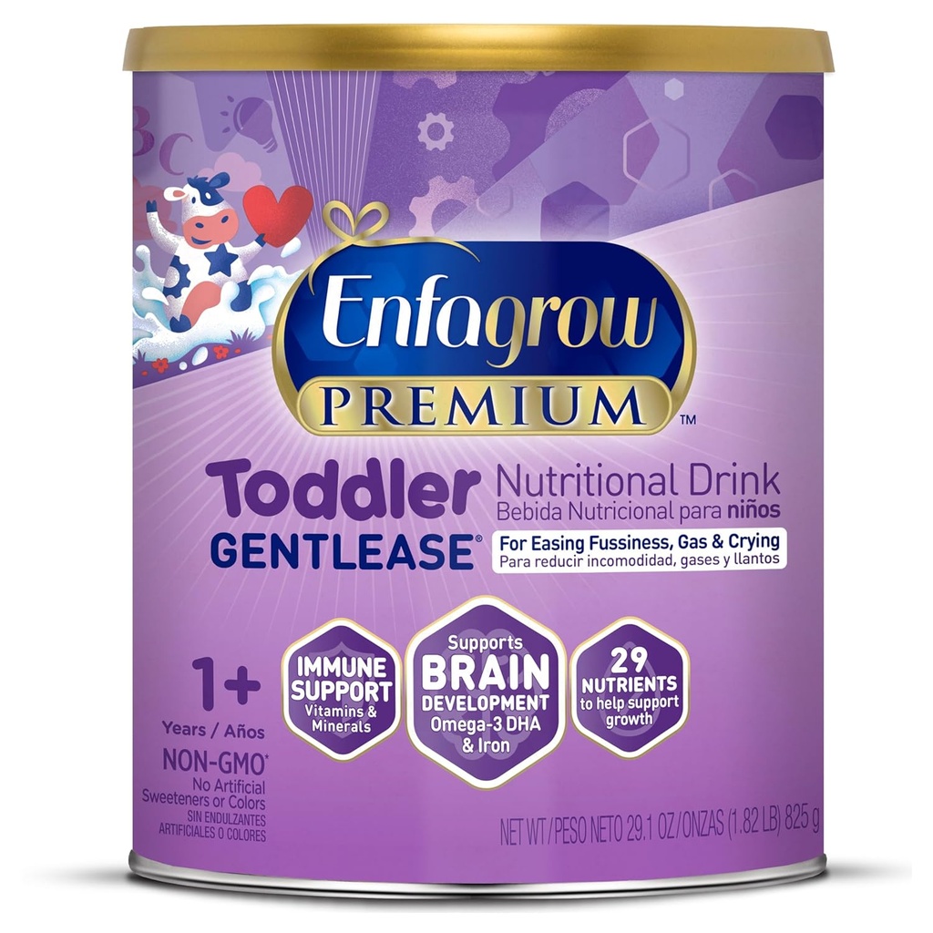 Enfagrow PREMIUM Gentlease Toddler Nutritional Drink, izdelan iz pravega mleka, zasnovan tako, da olajšajo razkurjenje, plin in jok, Brain-building Omega-3, Nutrients for Growth & Imune Support, Powder Can, 29.1 Oz