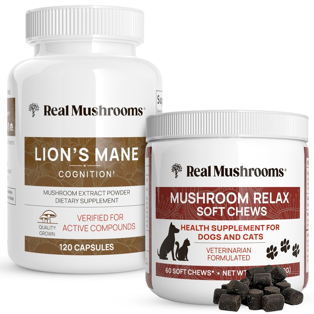 Prave gobe Levja griva za ljudi (120ct) & Gobe Pet Relax Chews (60 žveči) - Sveženj za kognicijo in sprostitev - Vegan, Ne-GMO, Gluten-free, Grain-free gobe extract dodatki