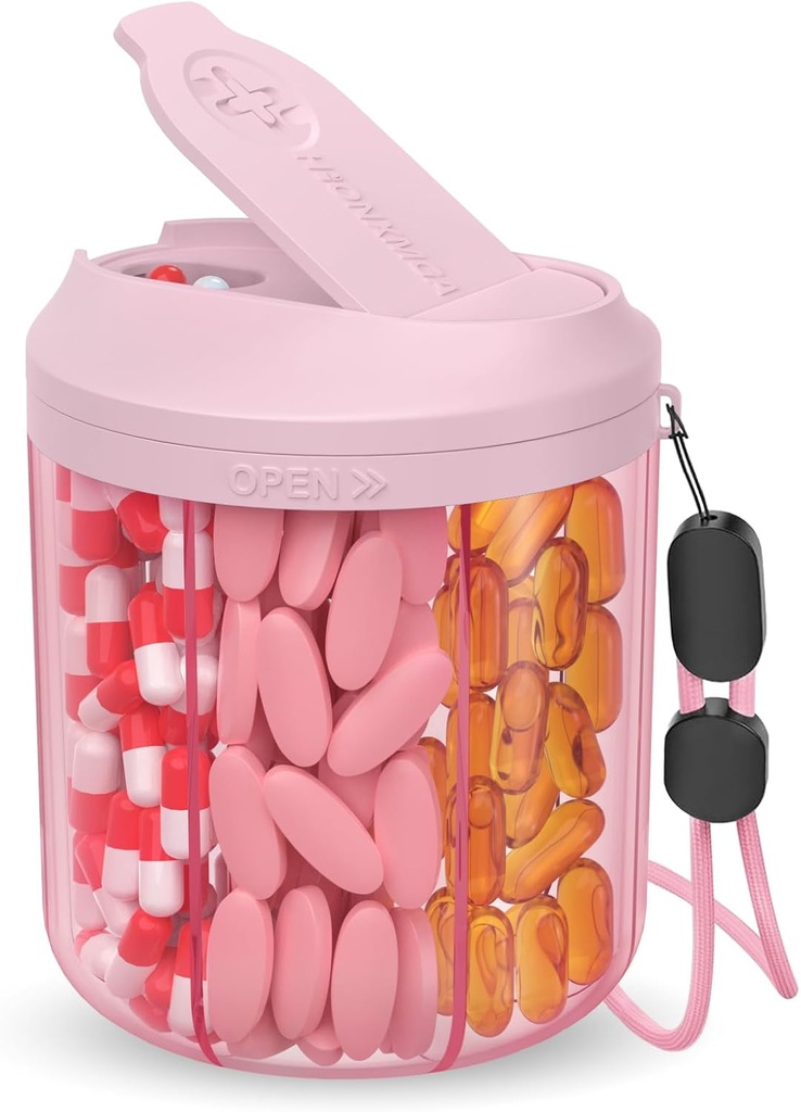 Dispenzer tablet s 7 velikimi predelki, 4,4" H x 3,6" Dia tablete Organizator za potovanja, Dopolnilo Organizator z anti-Mexing Design, BPA-free Pill Container z 20 Pcs nalepke, roza