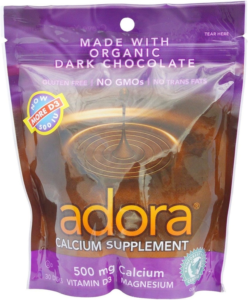 Adora Calcium Supplement Disk, Organska temna čokolada, 30 Število (paka 12)