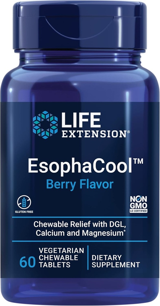 Life Extension EsophaCool - Gut Health Supplements with Calcium, Magnezij & DGL Licorice Root Extract for Healthy Digestion Stomach Relief & PH Balance - Gluten-free, Vegetarian - 60 Žvečljive tablete