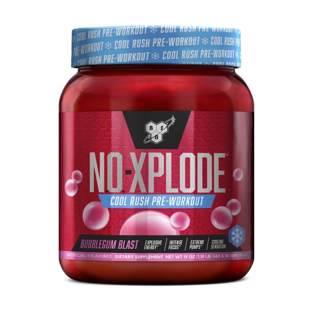BSN N.O.-XPLODE Cool Rush Pre Workout Powder, Preworkout Energy Supplement za moške in ženske s kreatinom in beta-alanin, Nova aroma: Bubblegum Blast, 30 Servings